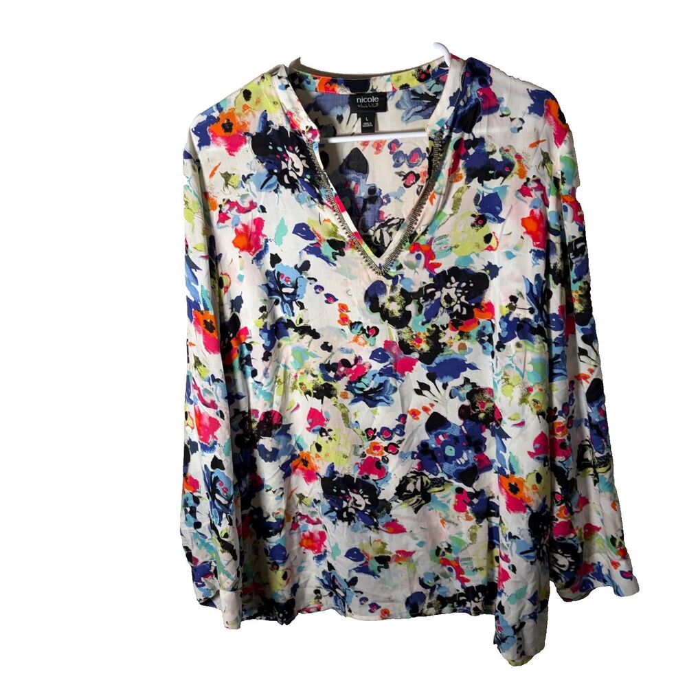 Nicole Miller Blouse Women's Large V-Neck Colorful Floral Artsy Shirt Top